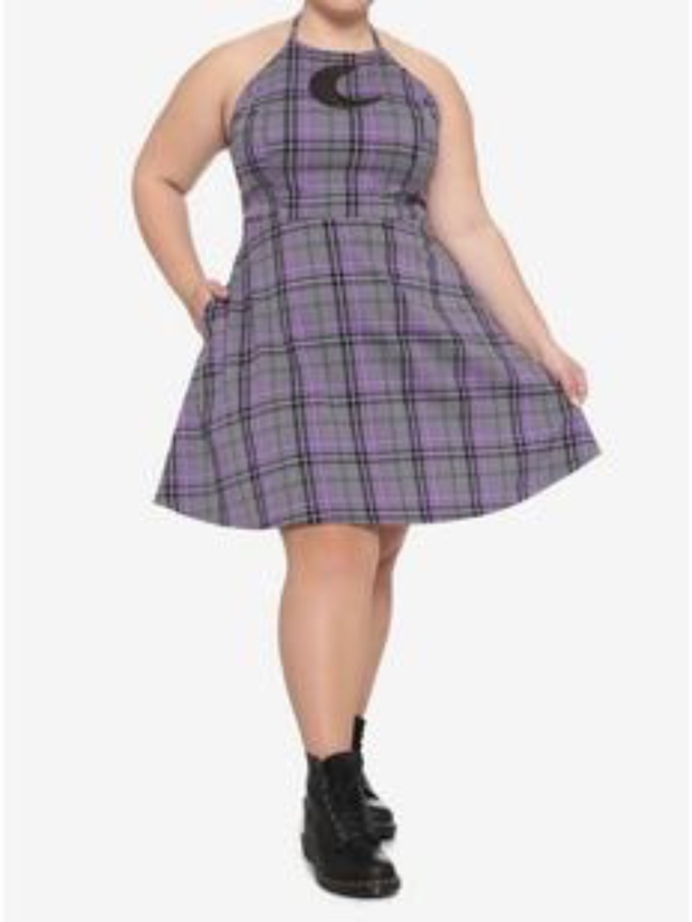 NWOT SzXL Purple plaid mini halter dress with peekaboo black moon mesh cut-out
